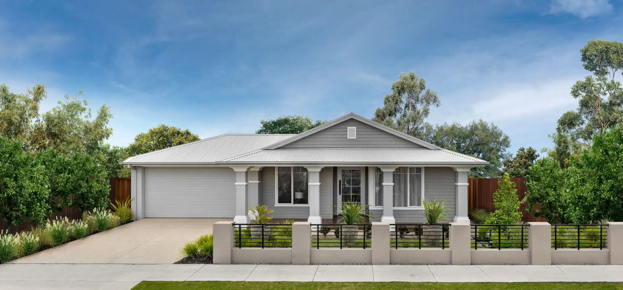An exterior image of a single storey home with a garage space and a front yard as a part of Simonds Akuna 29 facade.