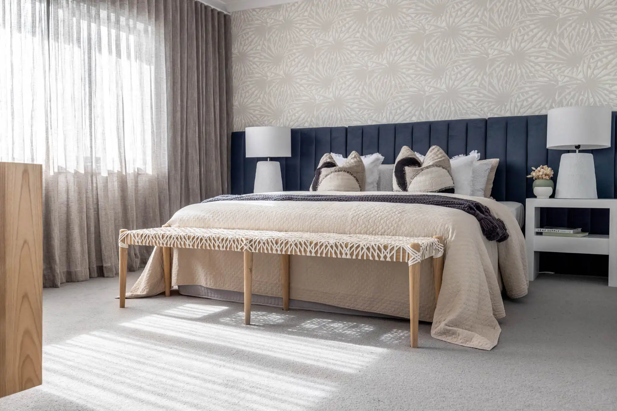 Wallpaper feature for a coastal style in the Master bedroom at the Tavertine 31