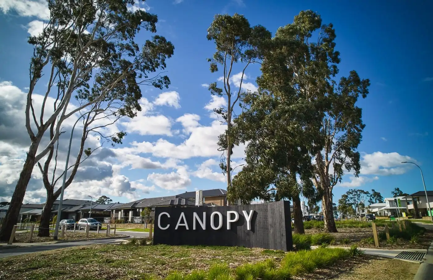 A photo of a sign that reads "Canopy" which stands in front of newly built houses at Canopy Estate in Cranbourne