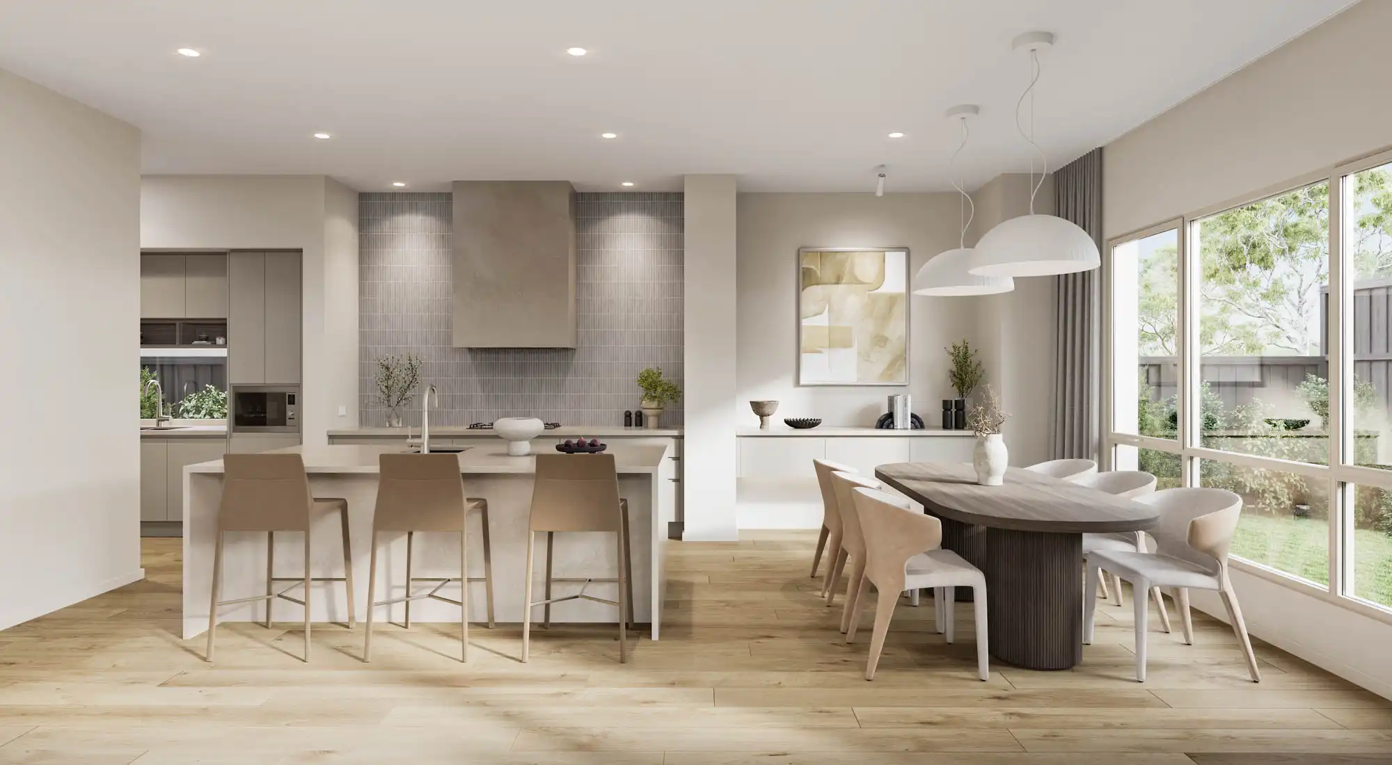 beige palettes throughout the kitchen and dining room space for a coastal modern neutral home