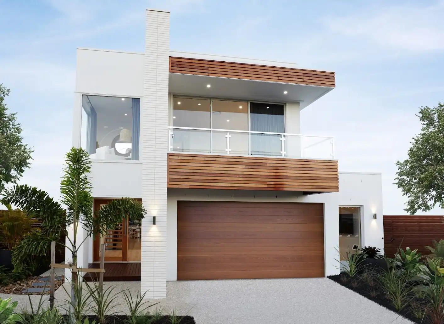 Stack-bond feature wall in the Blanco Linear mixed with timber finishes at the murnane 32