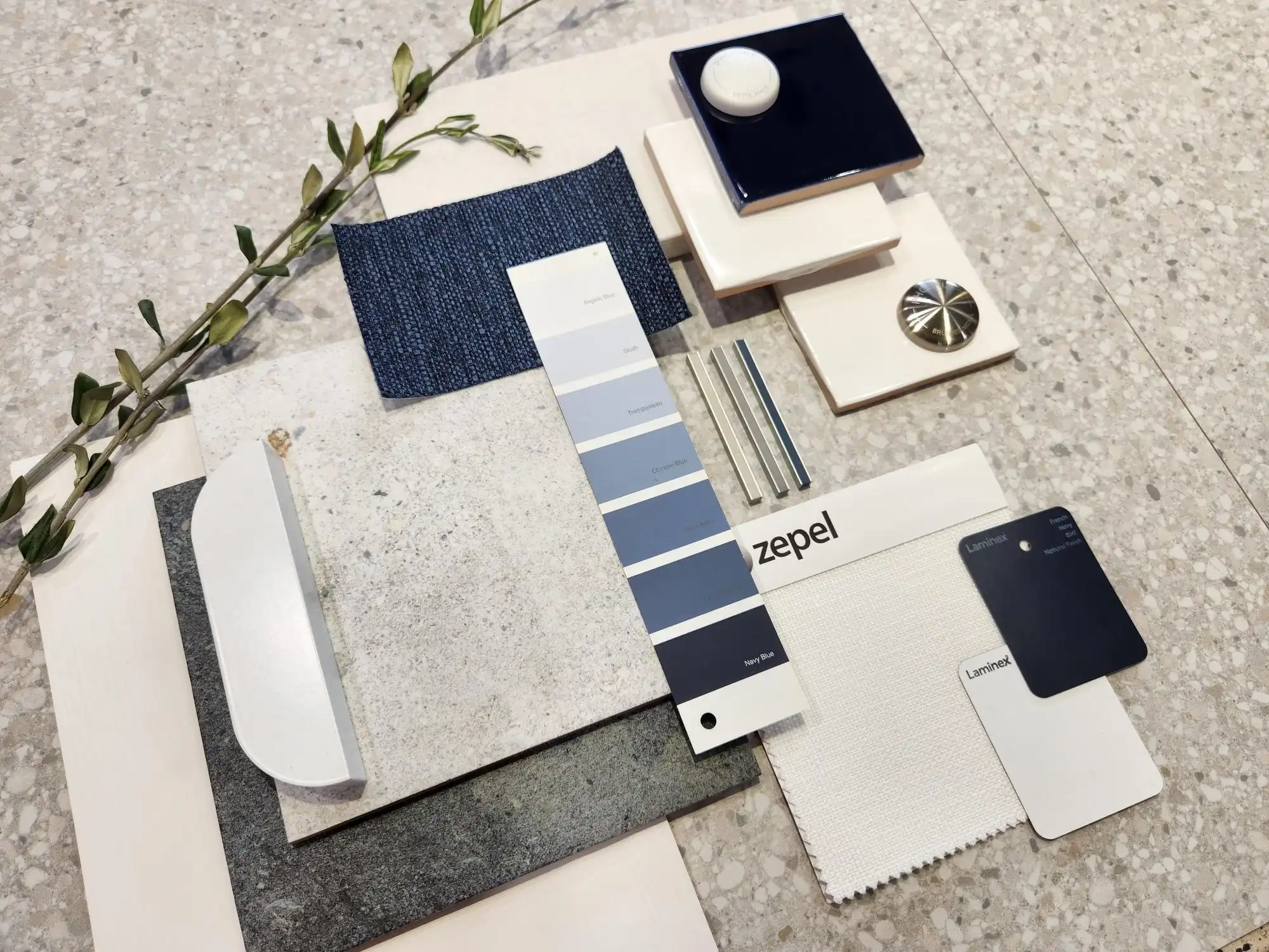 Flat lay interior designs with colour schemes, materials, textures and patterns to choose from