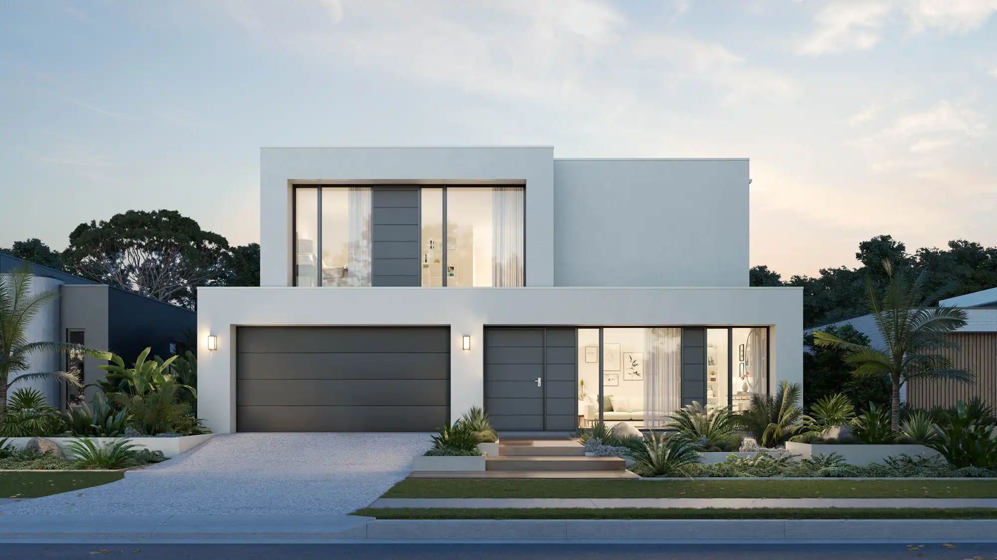 Masterpiece home facade with luxury development that showcases architectural elements