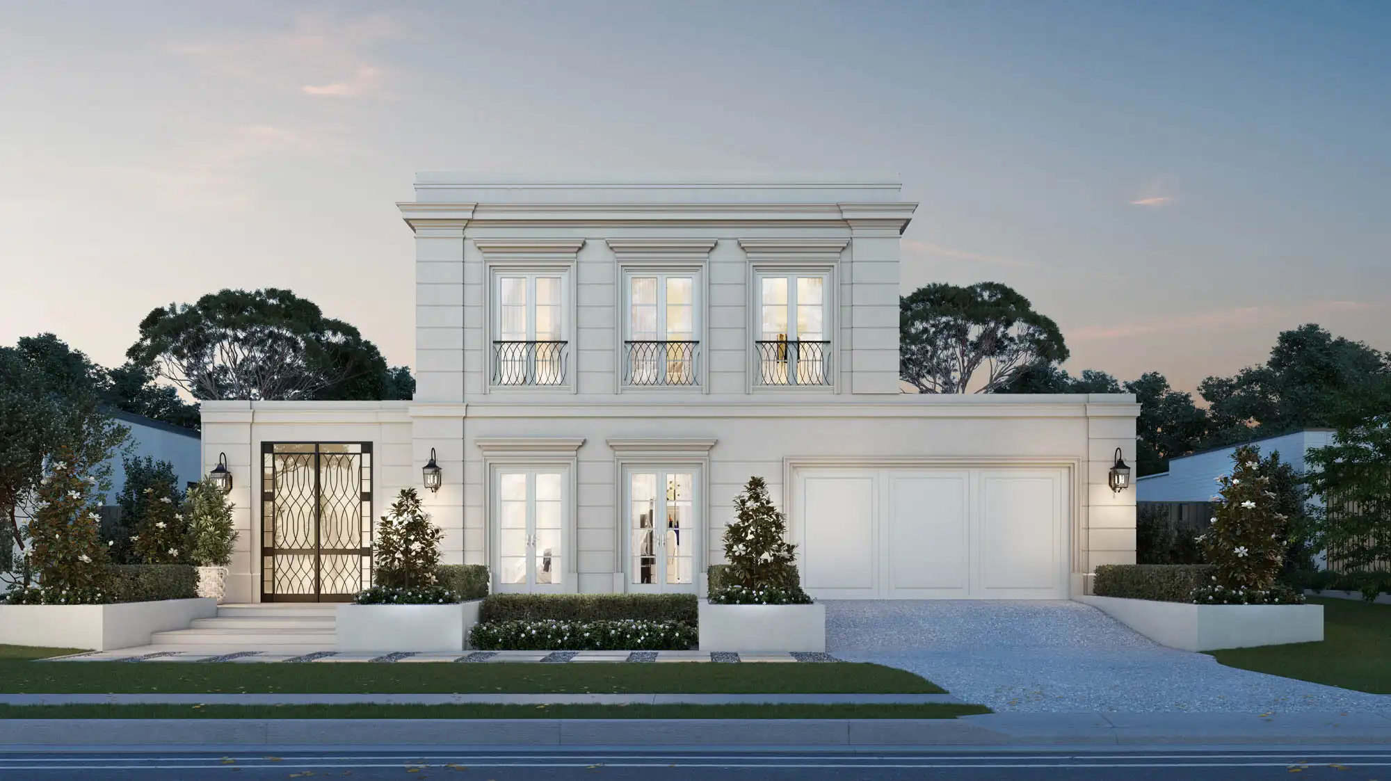 This Maserpiece Simonds home features a set of double doors with intricate wrought iron designs and two lantern-style wall sconces, adding to the classic charm