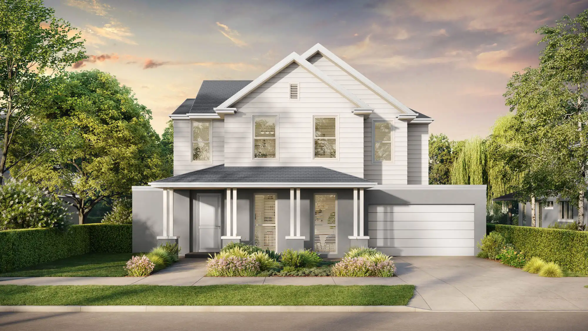 Masterpiece simonds home has a minimalist and modern charm exterior with a double garage that has a horizontal door that blends seamlessly with the rest of the facade