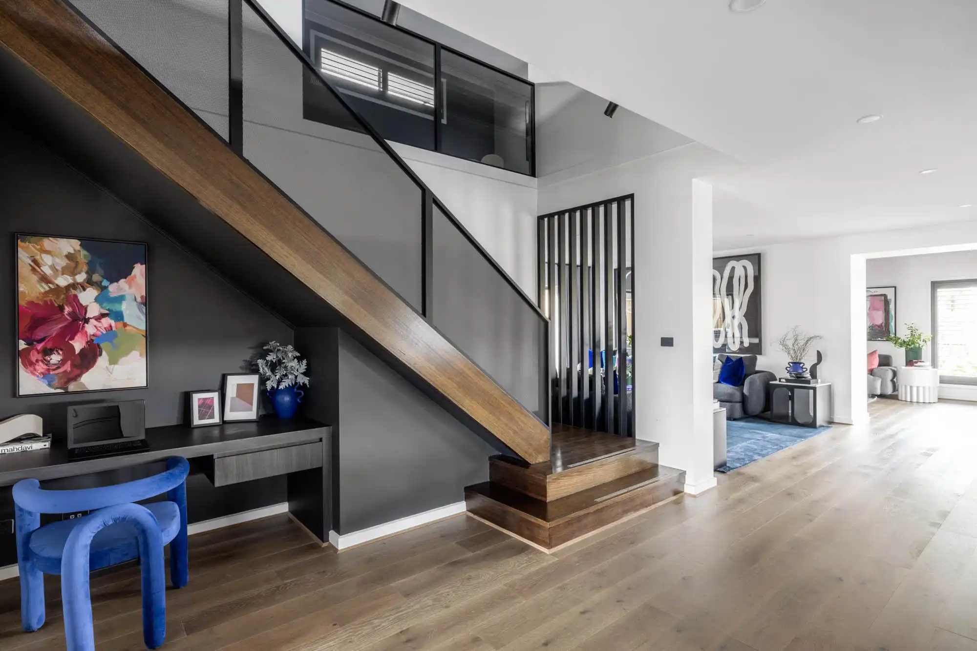 modern contemporary style home with inbuilt study space below staircase at silverton 45