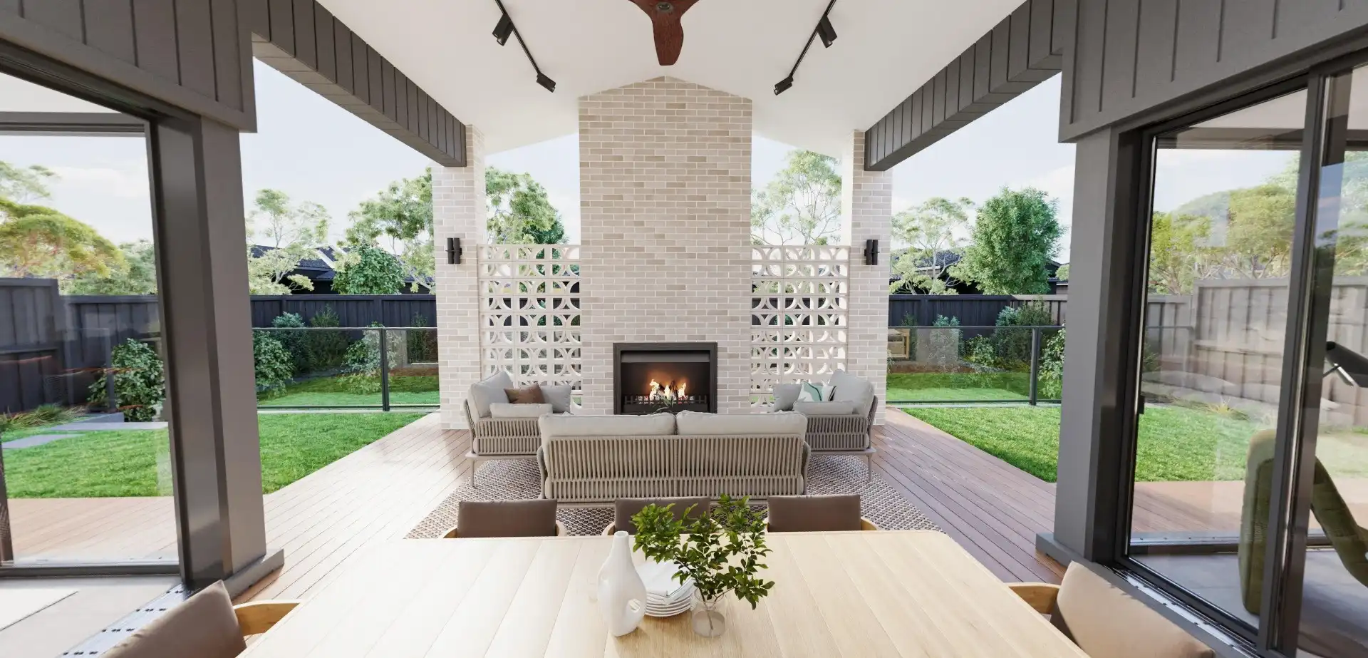 Simonds mid-century modern alfresco design with timber decking and raised ceilings