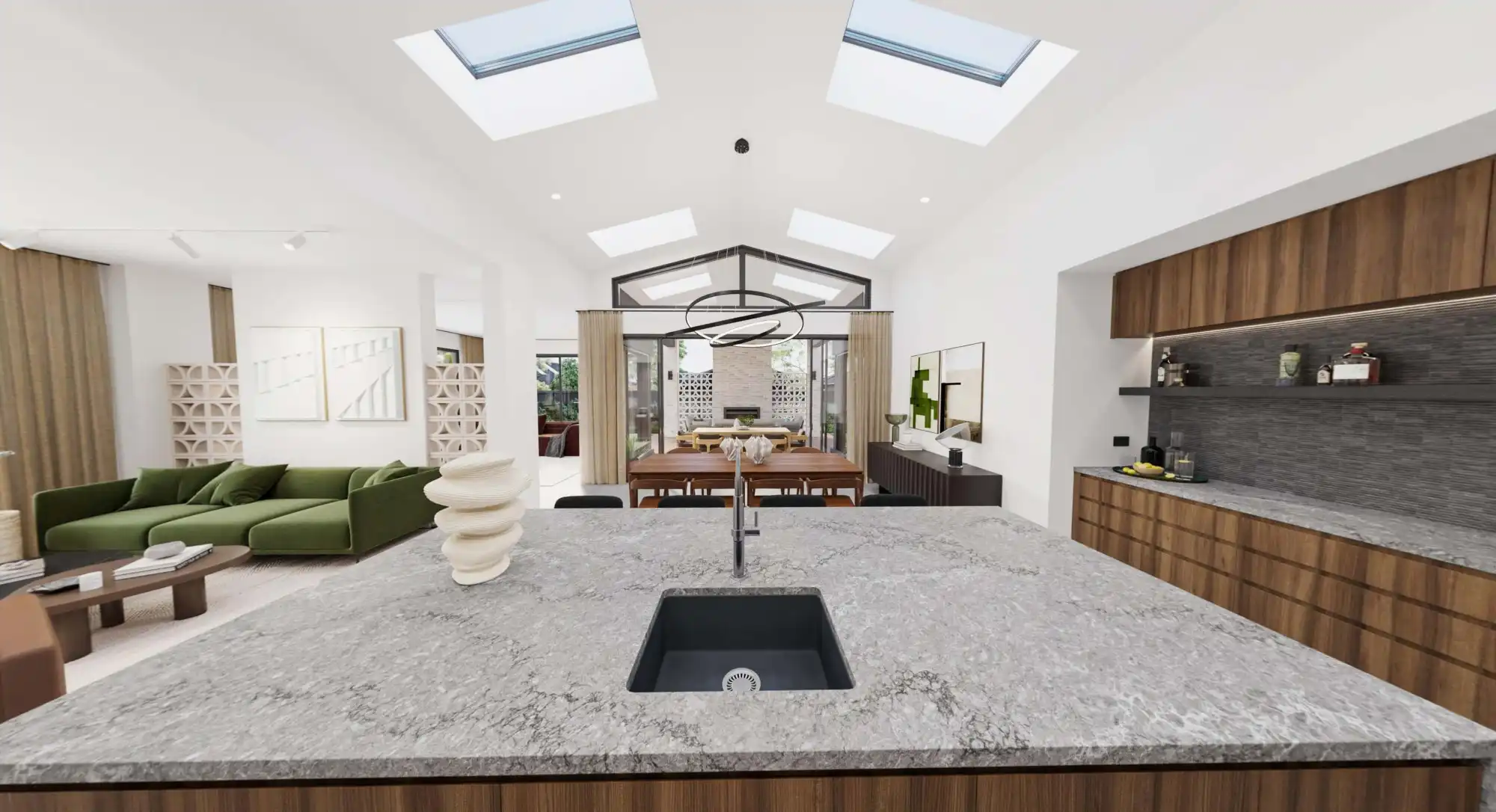 contemporary kitchen space with natural materials like wood and stone