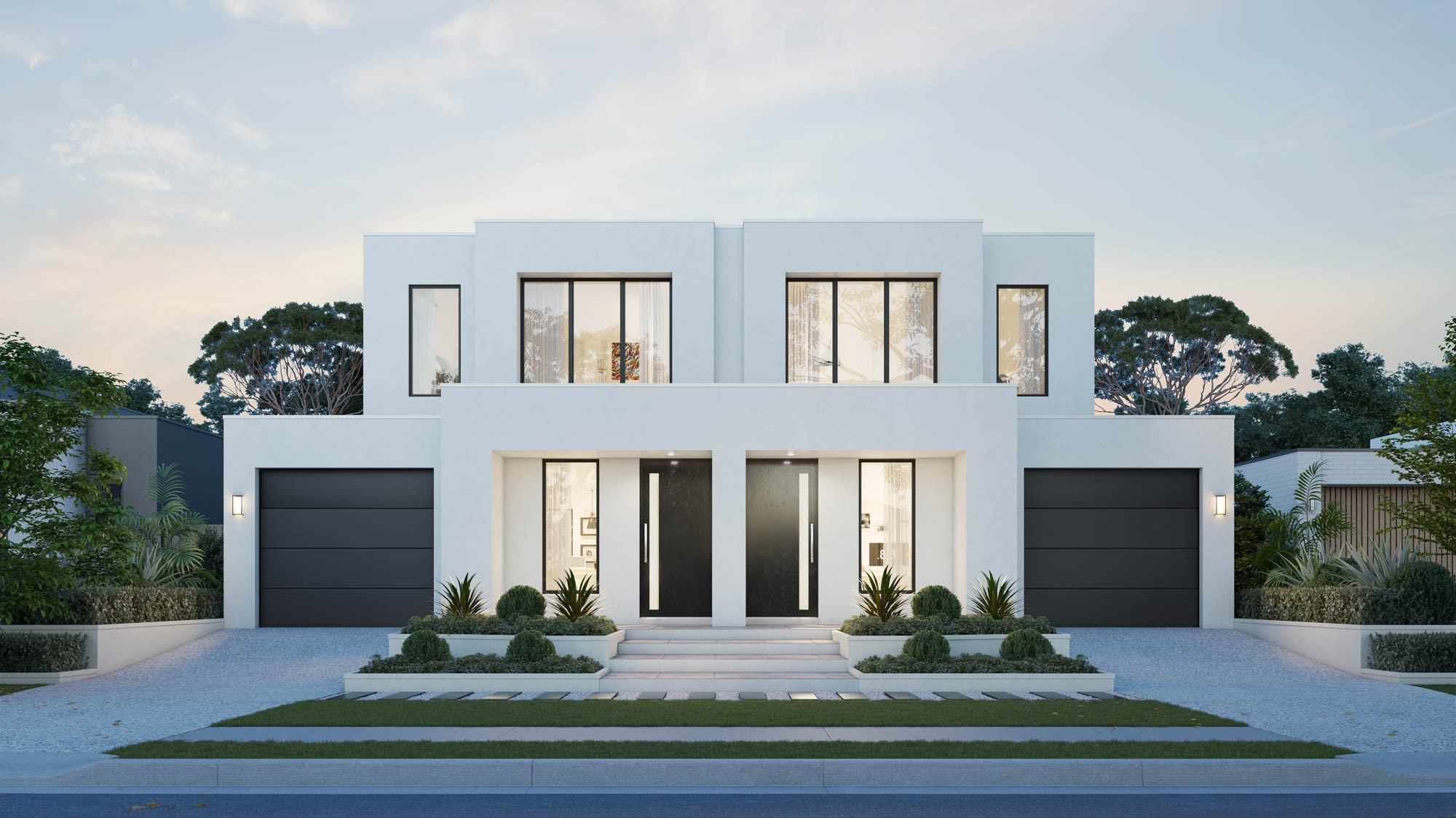 Exterior photo of a two storey dual occupancy facade with no roof expansive sliding doors as part of Masterpiece Stanford home design.